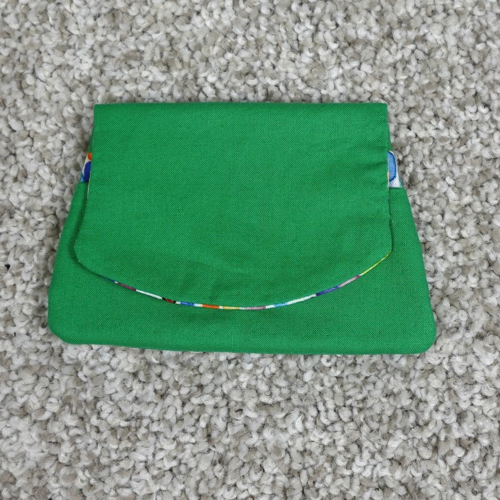 Handmade Green Fabric Pocket Wallet with Rainbow Dot Interior Snap Closure